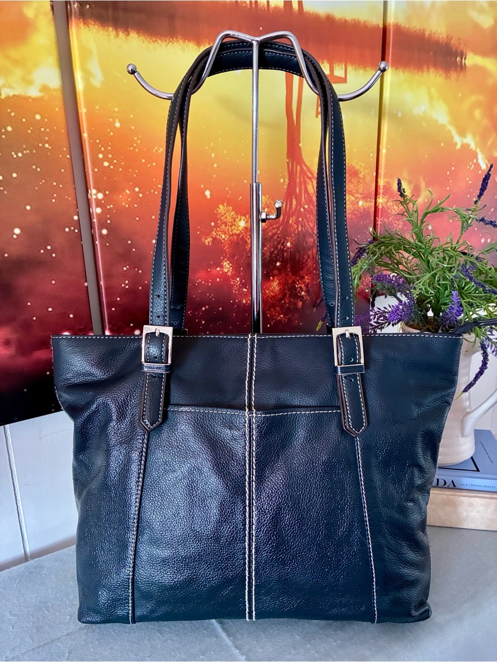Tignanello Navy Leather Shoulder Bag